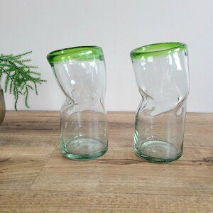 2 Vintage Mexican Hand-blown Art Glass Bent Vases Or Tall Clear Drinking Glasses